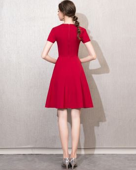 Fit And Flare Red Semi Formal Party Dress Bow Simple Wedding Guest Dress Scoop Neck