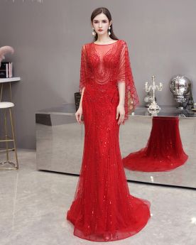 Sequin Prom Formal Dresses Scoop Neck Engagement Dress Sparkly Mermaid Red With Rhinestones Half Sleeve