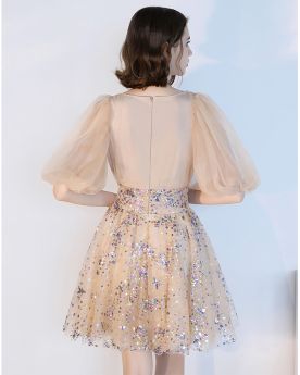 Cocktail Dresses Short Bell Sleeve Sparkly Plunge Tulle Sequin