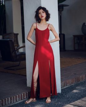 Slip Dress Schiena Scoperta Rosso Casual Senza Maniche Cotone Lunghi Sensuali Semplici Trapezio Estivi Vestiti
