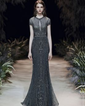 Tulle Engagement Dress Sequin Black Long Formal Evening Dresses Sheath Sparkly