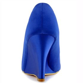 Punta Redonda 8 cm Tacon Alto Plisado De Cuña Zapatos De Boda Peeptoes Elegantes Azul Electrico Sandalias Mujer De Satin