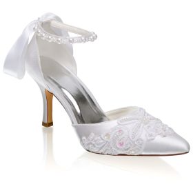 Elegant White Pumps Dress Shoes Appliques 3 inch High Heel Stilettos Bowknot Bridals Wedding Shoes Ankle Strap